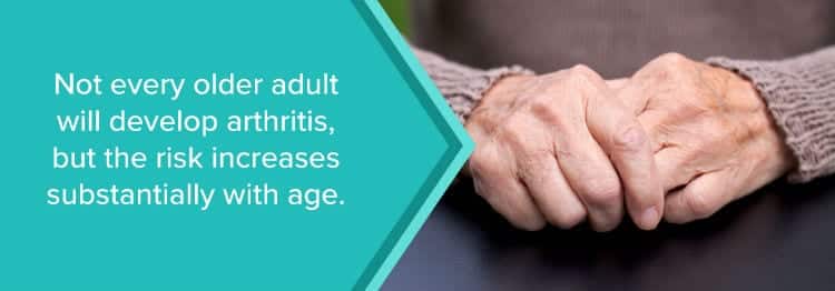 elderly woman's hands; arthritis risk increases with age.