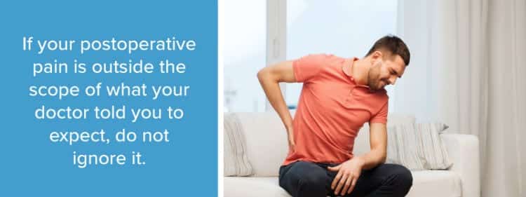 man with postoperative pain clutches lower back.