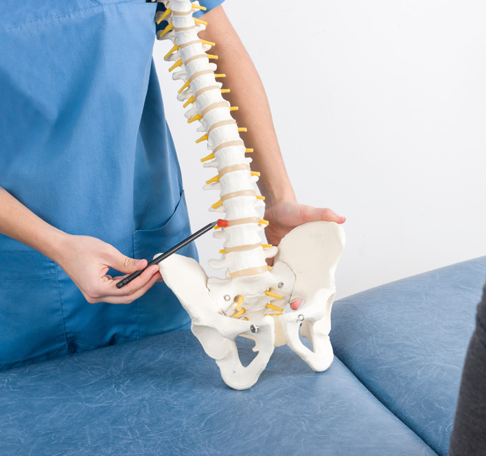 Doctor showing a hernia in a skeleton