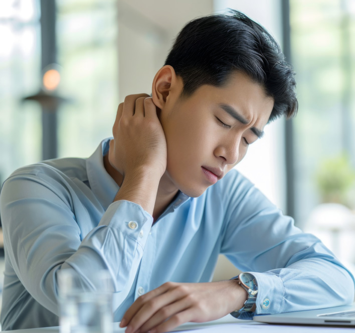 Young man is experiencing discomfort or neck pain