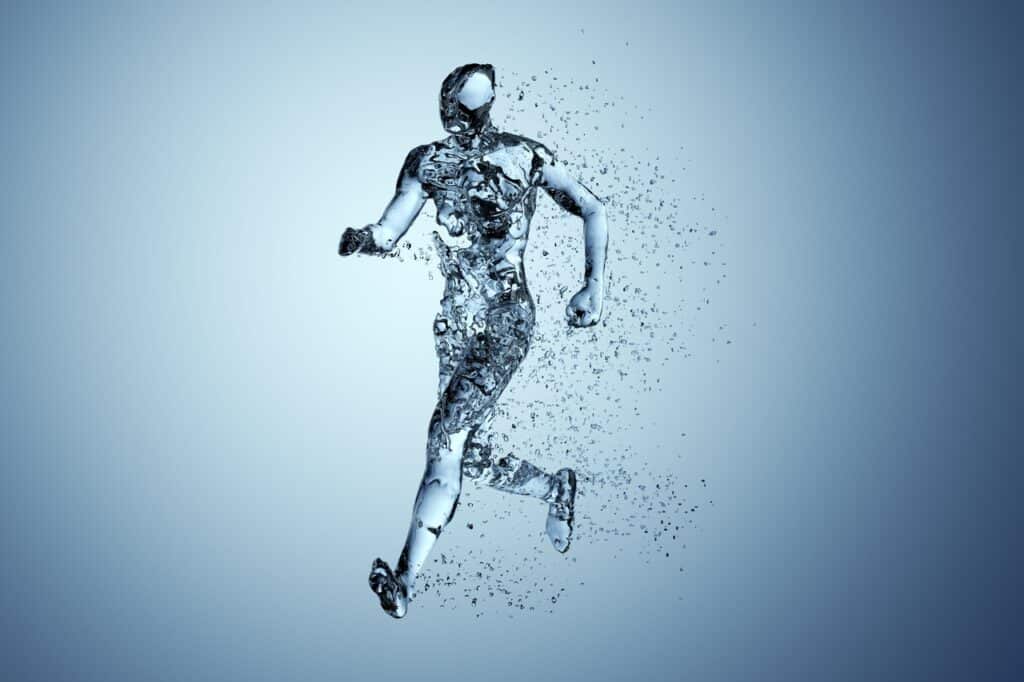 Human body shape of a running man filled with blue water on blue gradient background - sport or fitness hydration, healthy lifestyle or wellness concept