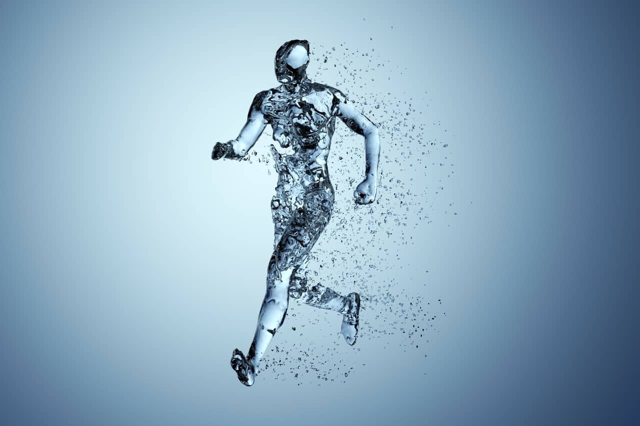 Human body shape of a running man filled with blue water on blue gradient background - sport or fitness hydration, healthy lifestyle or wellness concept