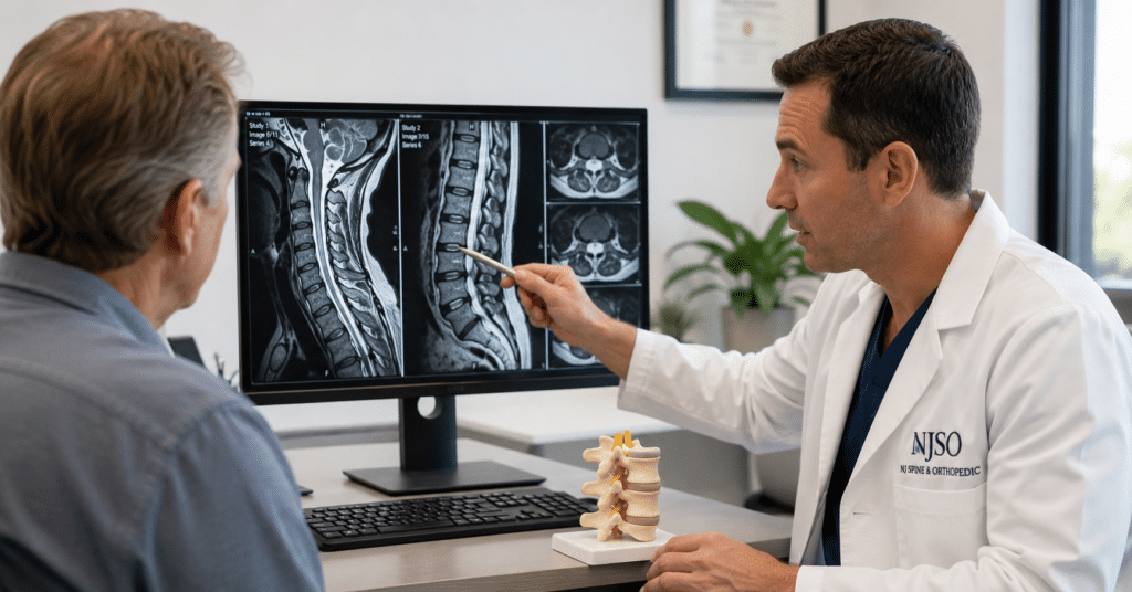 Spine specialist explaining MRI results to a patient during a consultation