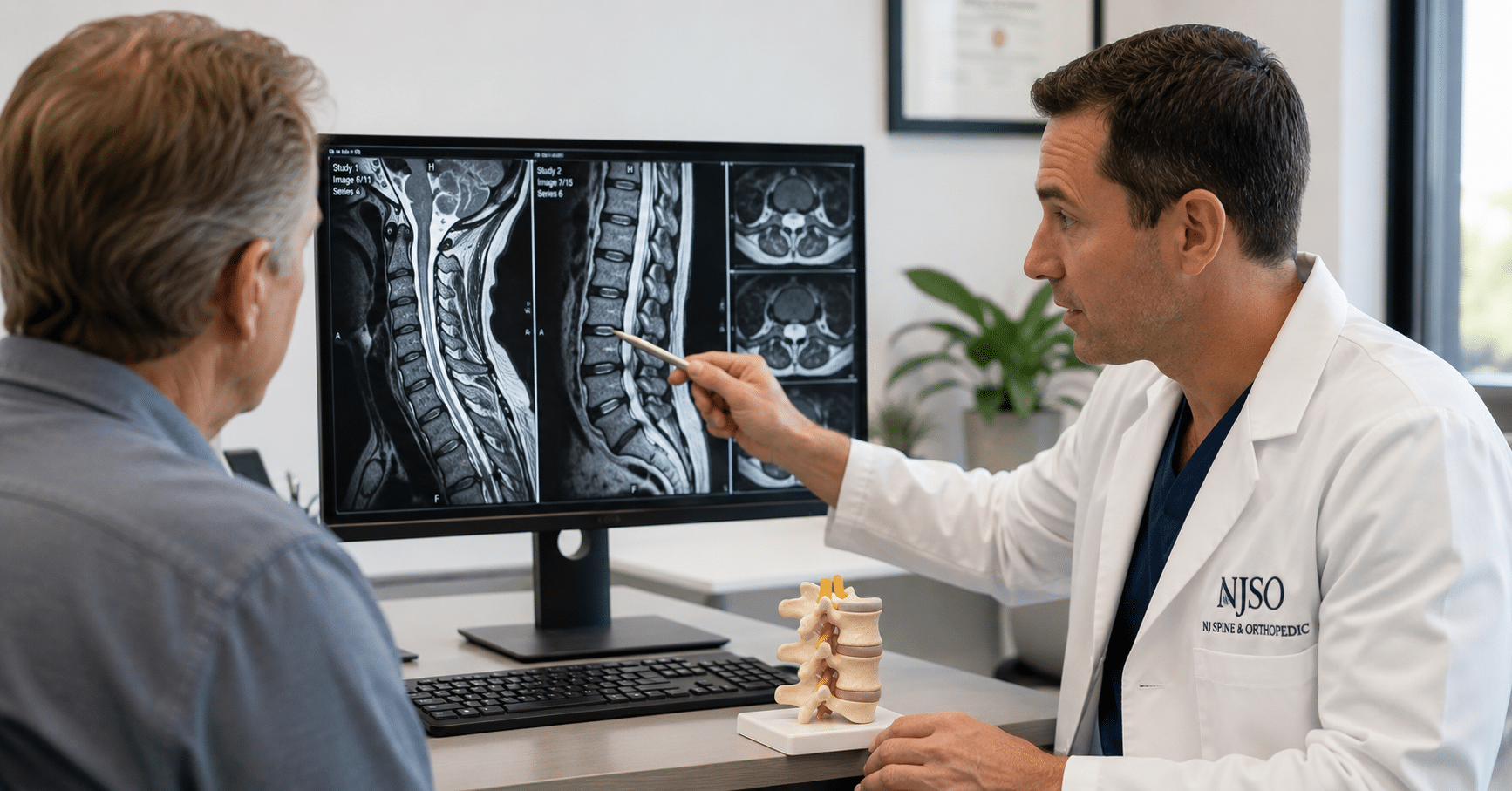 Spine specialist explaining MRI results to a patient during a consultation